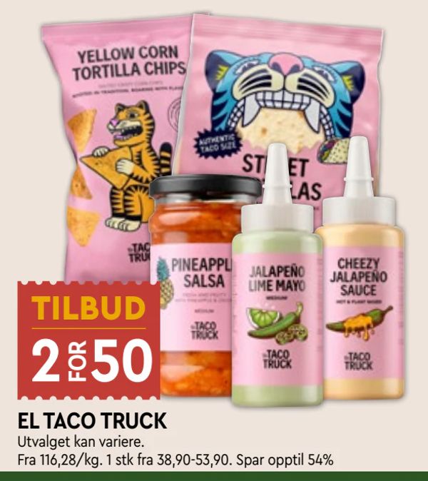 EL TACO TRUCK Utvalget kan variere. Fra 116,28/kg. 1 stk fra 38,90-53,90. Spar opptil 54%