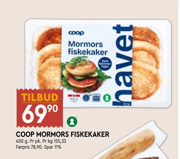 COOP MORMORS FISKEKAKER TILBUD 69,90 450 g. Pr pk. Pr kg 155,33 Førpris 78,90. Spar 11%