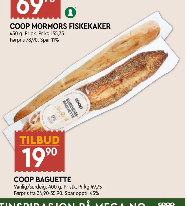 COOP BAGUETTE TILBUD 19,90 Vanlig/surdeig. 400 g. Pr stk. Pr kg 49,75 Førpris fra 34,90-35,90. Spar opptil 45%