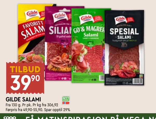 GILDE SALAMI TILBUD 39,90 Fra 130 g. Pr pk. Pr kg fra 306,92 Førpris fra 49,90-55,90. Spar opptil 29%