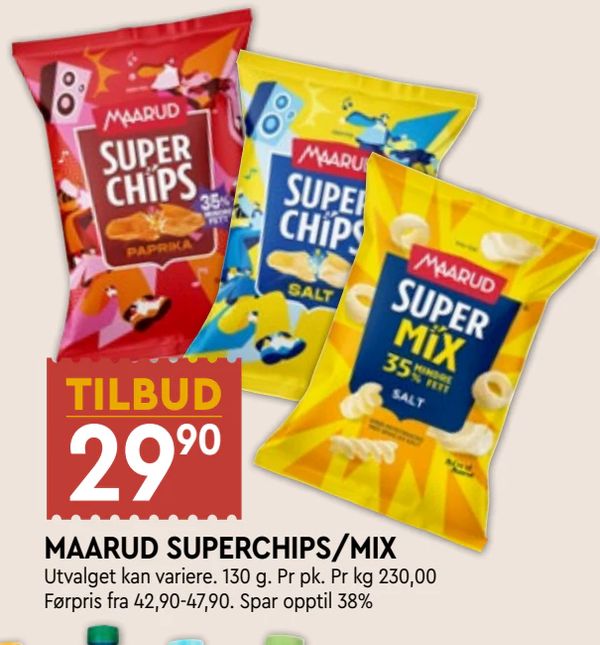 MAARUD SUPERCHIPS/MIX TILBUD 2990 Utvalget kan variere. 130 g. Pr pk. Pr kg 230,00 Førpris fra 42,90-47,90. Spar opptil 38%