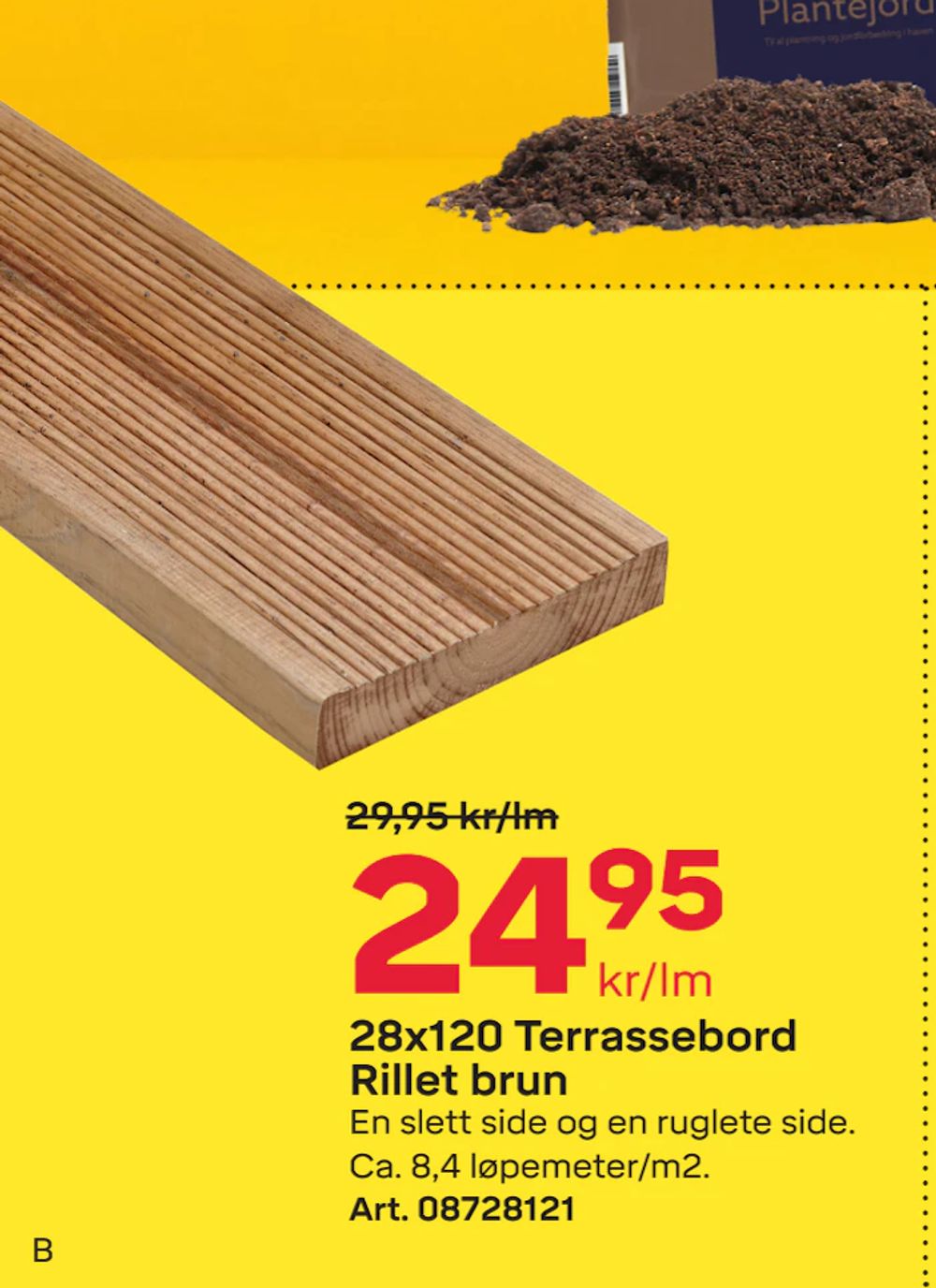 Tilbud på 28x120 Terrassebord Rillet brun fra Byggmax til 24,95 kr