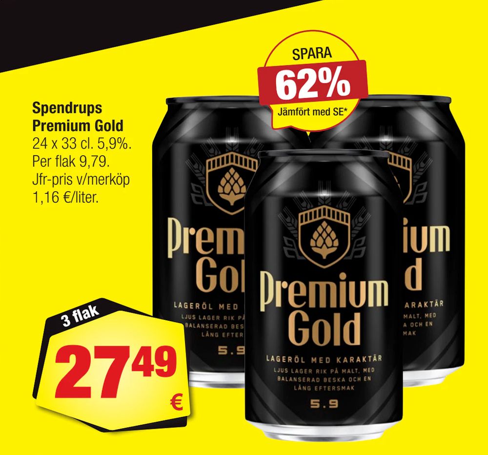 Erbjudanden på Spendrups Premium Gold från Calle för 27,49 €
