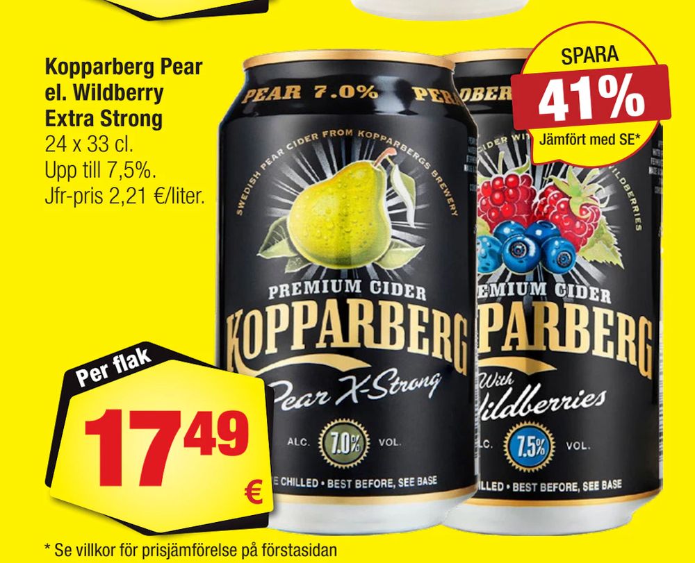Erbjudanden på Kopparberg Pear el. Wildberry Extra Strong från Calle för 17,49 €