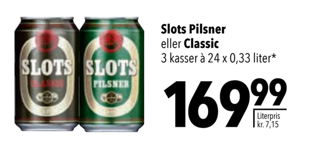 Tilbud på Slots Pilsner eller Classic fra CITTI til 169,99 kr.