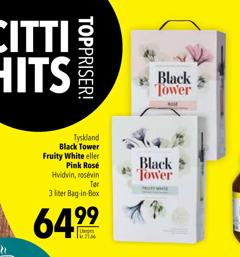 Tilbud på Black Tower Fruity White eller Pink Rosé fra CITTI til 64,99 kr.