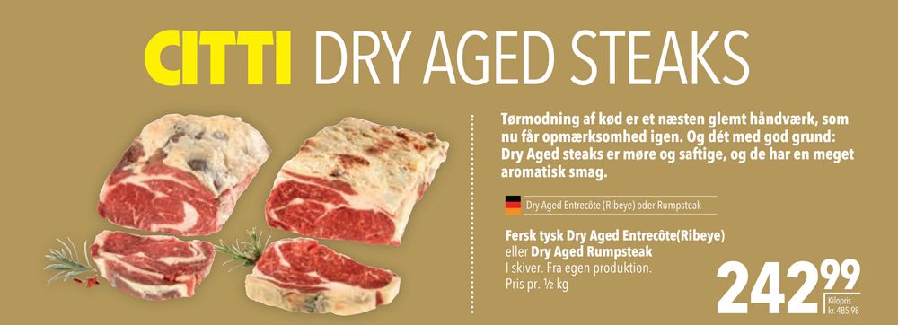Tilbud på Fersk tysk Dry Aged Entrecôte(Ribeye) eller Dry Aged Rumpsteak fra CITTI til 242,99 kr.