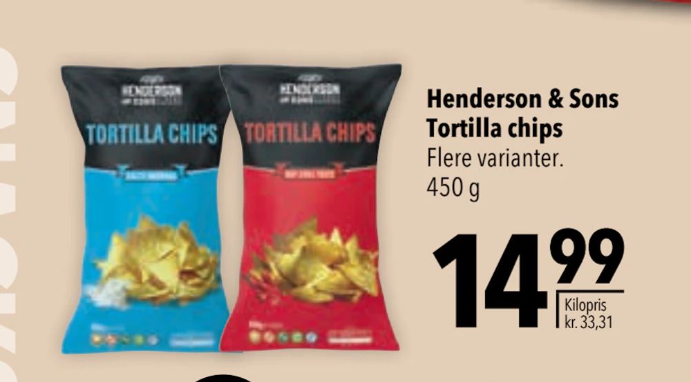 Tilbud på Henderson & Sons Tortilla chips fra CITTI til 14,99 kr.