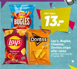 Lay’s, Bugles, Cheetos, Doritos chips eller salsa