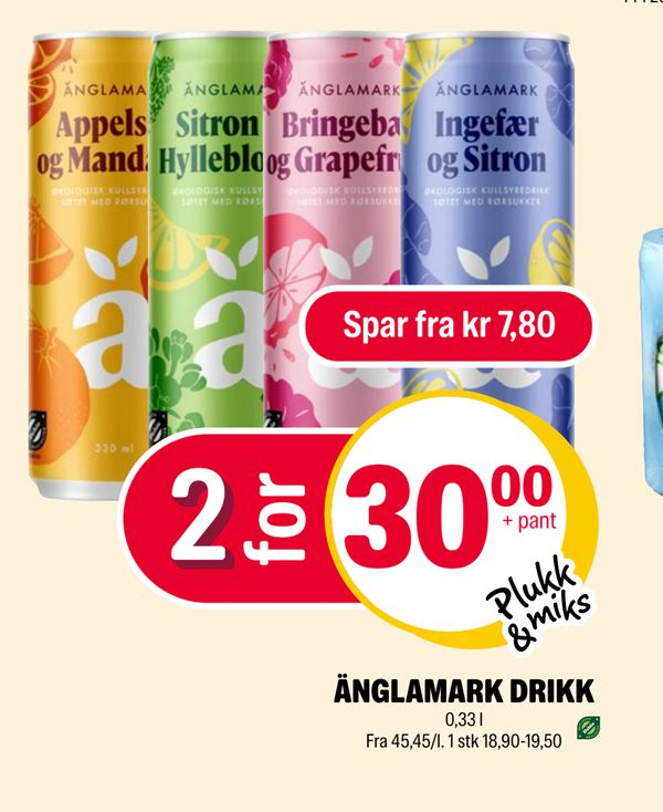 ÄNGLAMARK DRIKK 0,33 l Fra 45,45/l. 1 stk 18,90-19,50 Spar fra kr 7,80 Plukk & miks 2 for 30,00 + pant