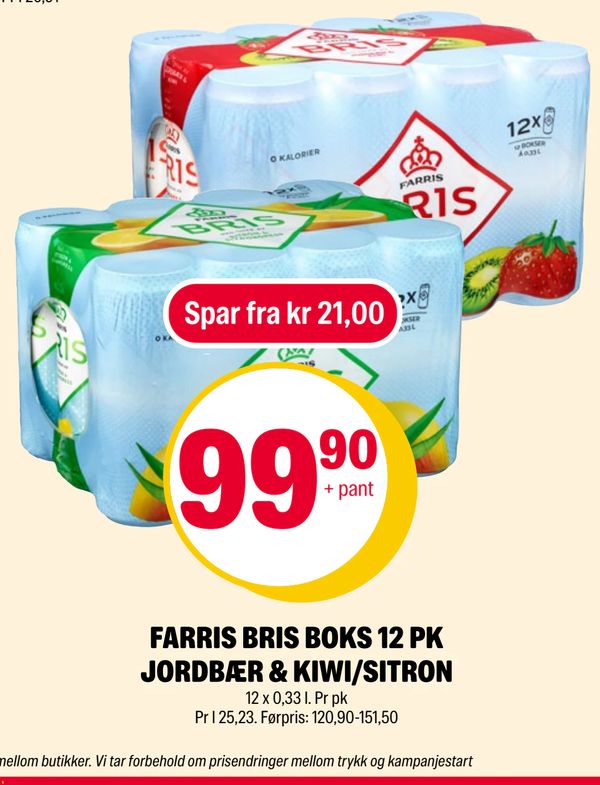 FARRIS BRIS BOKS 12 PK JORDBÆR & KIWI/SITRON 12 x 0,33 l. Pr pk Pr l 25,23. Førpris: 120,90-151,50 Spar fra kr 21,00 + pant