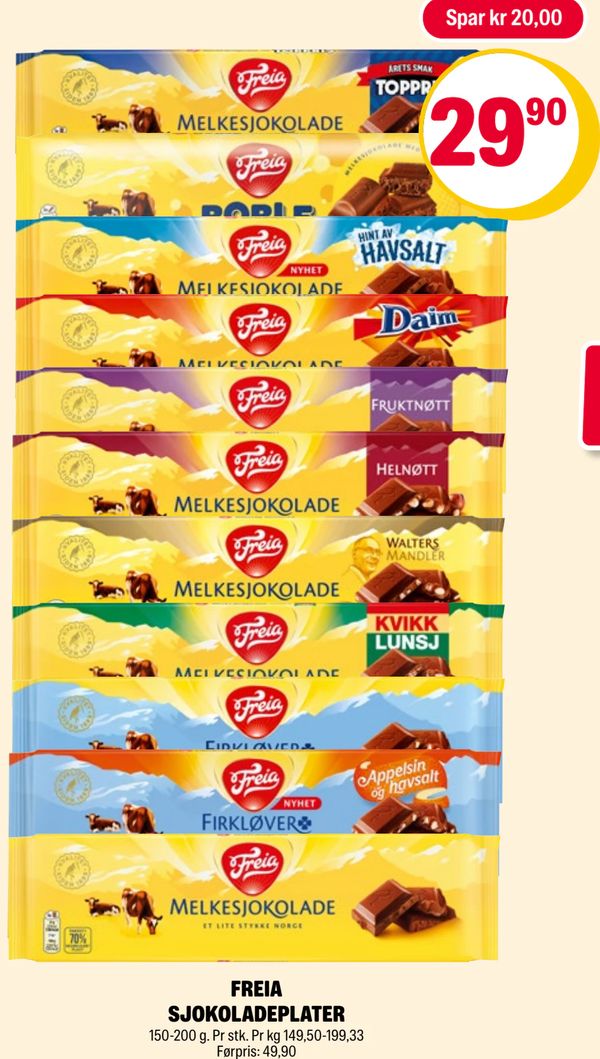 FREIA SJOKOLADEPLATER 150-200 g. Pr stk. Pr kg 149,50-199,33 Førpris: 49,90 Spar kr 20,00
