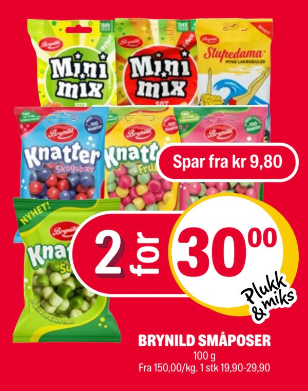 BRYNILD SMÅPOSER 100 g Fra 150,00/kg. 1 stk 19,90-29,90 Spar fra kr 9,80 Plukk & miks