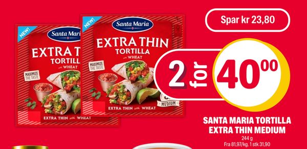 SANTA MARIA TORTILLA EXTRA THIN MEDIUM 244 g Fra 81,97/kg. 1 stk 31,90 Spar kr 23,80