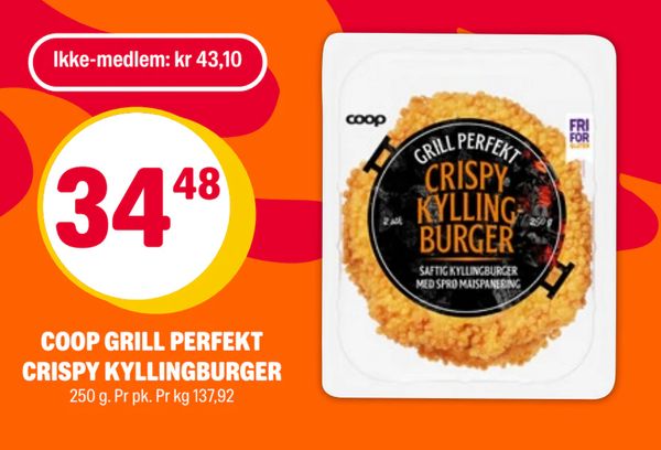 COOP GRILL PERFEKT CRISPY KYLLINGBURGER 250 g. Pr pk. Pr kg 137,92 Ikke-medlem: kr 43,10