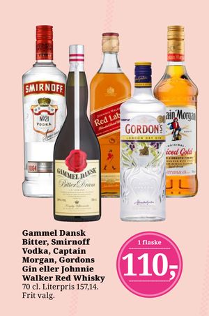Gammel Dansk Bitter, Smirnoff Vodka, Captain Morgan, Gordons Gin eller Johnnie Walker Red Whisky