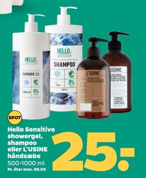 Hello Sensitive showergel, shampoo eller L'USINE håndsæbe
