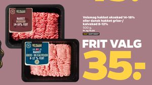 Velsmag hakket oksekød 14-18% eller dansk hakket grise-/ kalvekød 8-12%