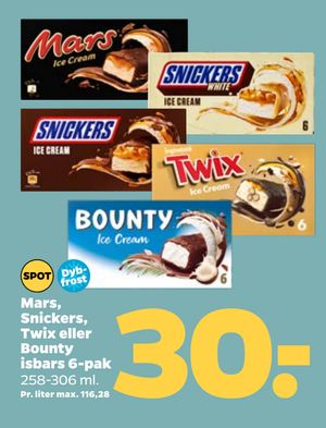 Mars, Snickers, Twix eller Bounty isbars 6-pak