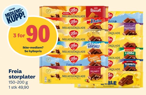 Freia storplater coop MEDLEMS-KUPP!
3 for 90
Ikke-medlem? Se hyllepris
150-200 g
1 stk 49,90