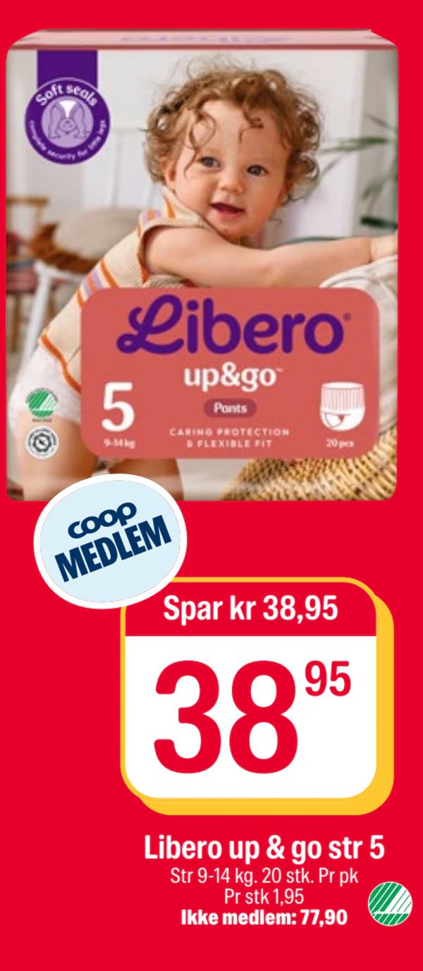 Libero up & go str 5 Str 9-14 kg. 20 stk. Pr pk Pr stk 1,95
Ikke medlem: 77,90
Spar kr 38,95