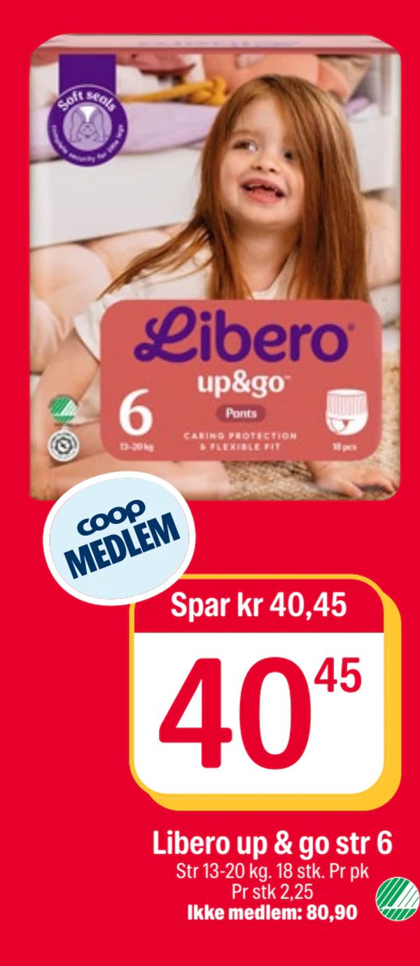 Libero up & go str 6 Str 13-20 kg. 18 stk. Pr pk Pr stk 2,25
Ikke medlem: 80,90
Spar kr 40,45