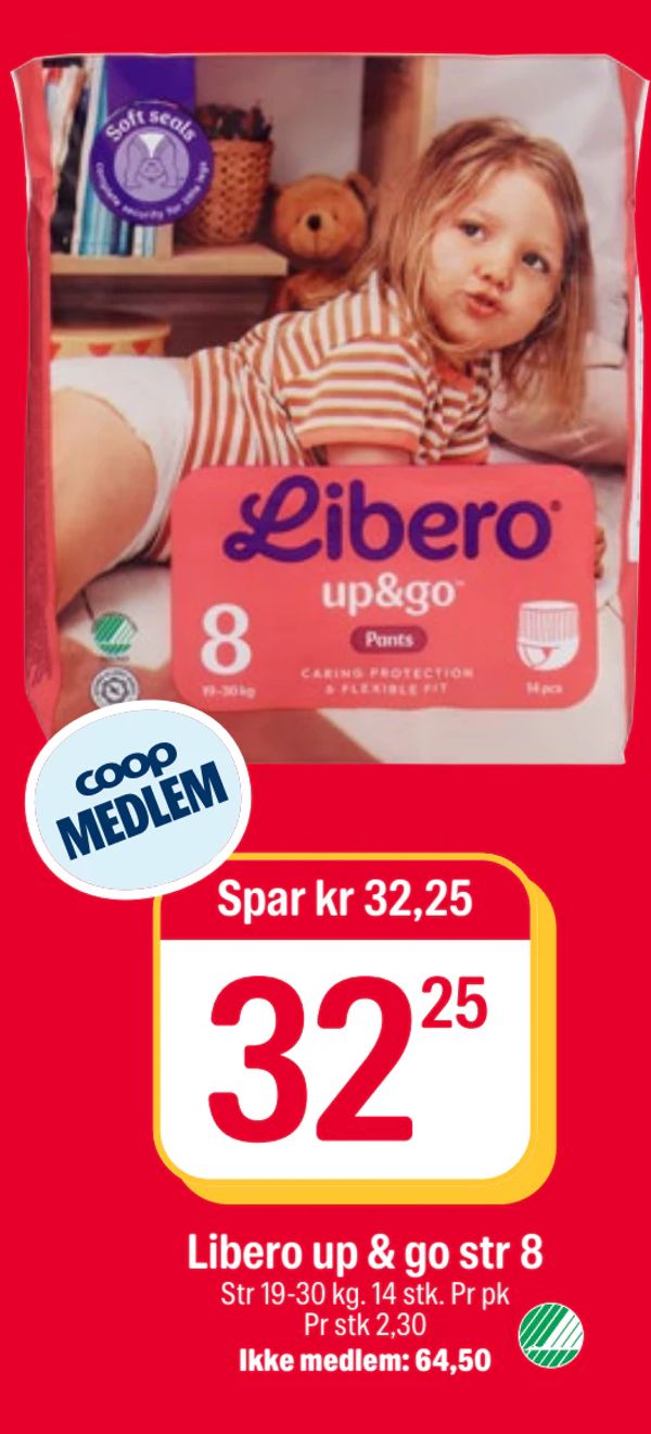 Libero up & go str 8 Str 19-30 kg. 14 stk. Pr pk Pr stk 2,30
Ikke medlem: 64,50
Spar kr 32,25