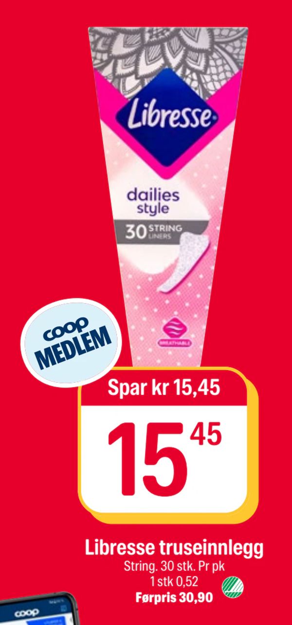 Libresse truseinnlegg String. 30 stk. Pr pk 1 stk 0,52
Førpris 30,90
Spar kr 15,45