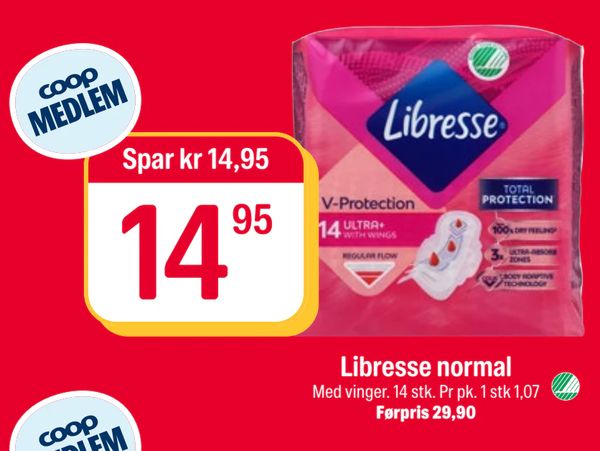 Libresse normal Med vinger. 14 stk. Pr pk. 1 stk 1,07
Førpris 29,90
Spar kr 14,95