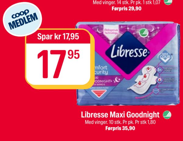 Libresse Maxi Goodnight Med vinger. 10 stk. Pr pk. Pr stk 1,80
Førpris 35,90
Spar kr 17,95