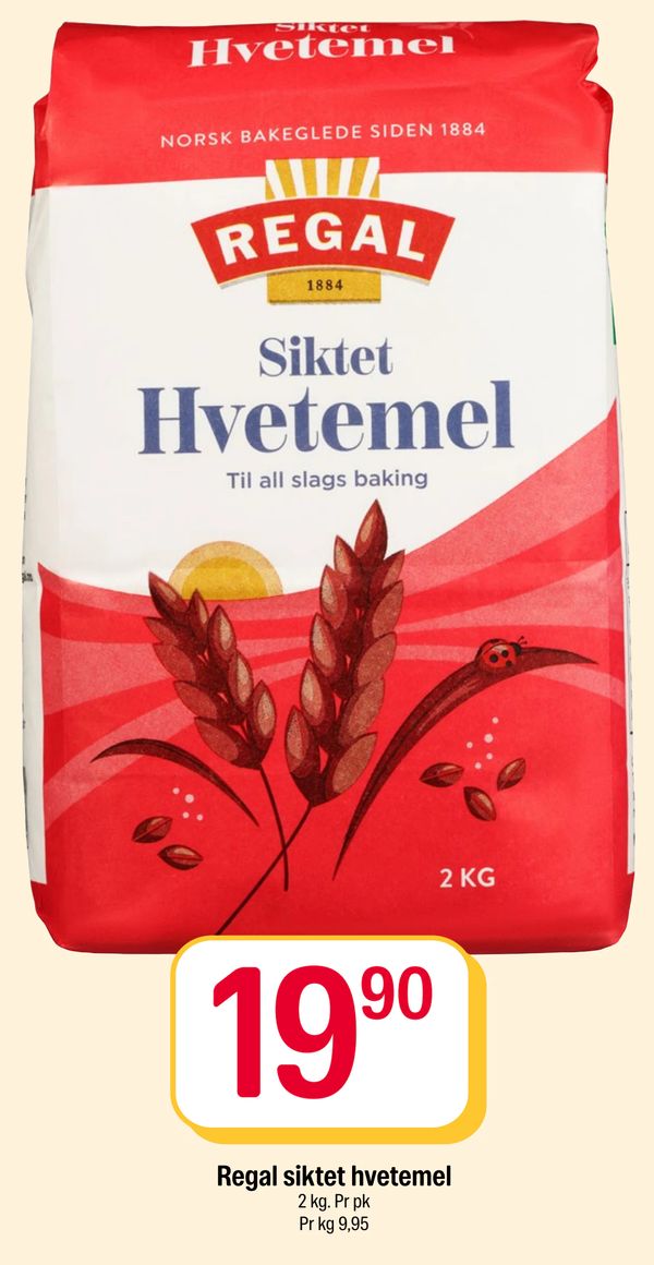 Regal siktet hvetemel 2 kg. Pr pk Pr kg 9,95