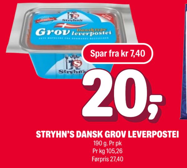 STRYHN’S DANSK GROV LEVERPOSTEI 190 g. Pr pk Pr kg 105,26 Førpris 27,40
