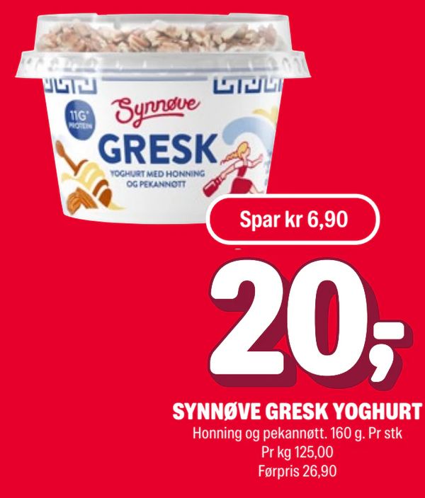 SYNNØVE GRESK YOGHURT Honning og pekannøtt. 160 g. Pr stk Pr kg 125,00 Førpris 26,90