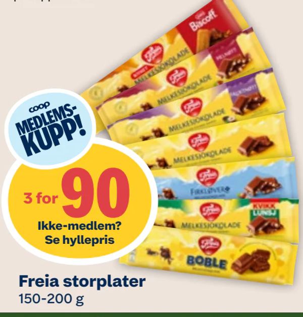 Freia storplater coop MEDLEMS-KUPP!
3 for 90
Ikke-medlem? Se hyllepris
150-200 g