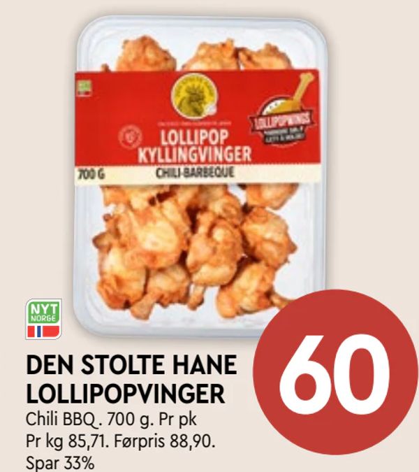 DEN STOLTE HANE LOLLIPOPVINGER Chili BBQ . 700 g. Pr pk Pr kg 85,71. Førpris 88,90. Spar 33%