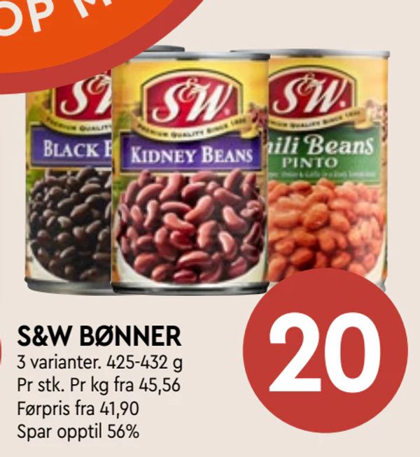 S&W BØNNER 3 varianter. 425-432 g Pr stk. Pr kg fra 45,56 Førpris fra 41,90 Spar opptil 56%