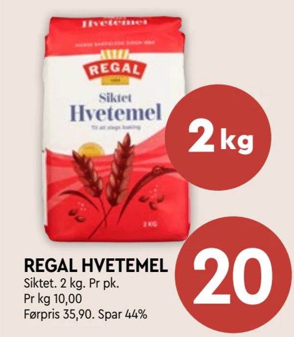 REGAL HVETEMEL Siktet. 2 kg. Pr pk. Pr kg 10,00 Førpris 35,90. Spar 44%
