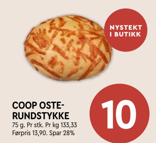 COOP OSTERUNDSTYKKE NYSTEKT I BUTIKK 75 g. Pr stk. Pr kg 133,33 Førpris 13,90. Spar 28%