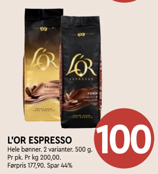 L'OR ESPRESSO Hele bønner. 2 varianter. 500 g. Pr pk. Pr kg 200,00. Førpris 177,90. Spar 44%