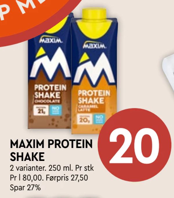 MAXIM PROTEIN SHAKE 2 varianter. 250 ml. Pr stk
Pr l 80,00. Førpris 27,50
Spar 27%