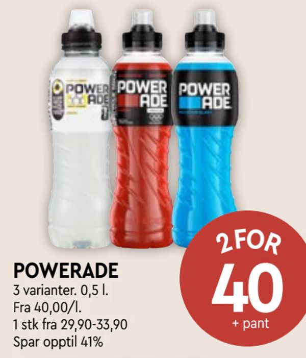 POWERADE 3 varianter. 0,5 l. Fra 40,00/l. 1 stk fra 29,90-33,90 Spar opptil 41%