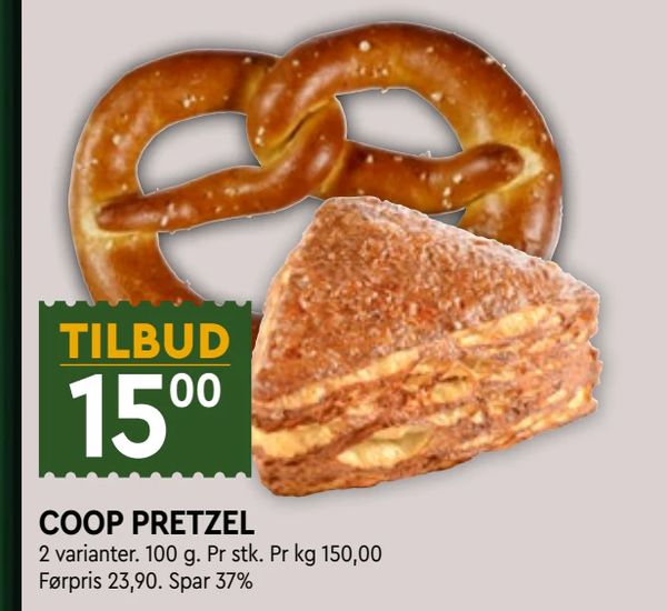 COOP PRETZEL TILBUD
2 varianter. 100 g. Pr stk. Pr kg 150,00
Førpris 23,90. Spar 37%