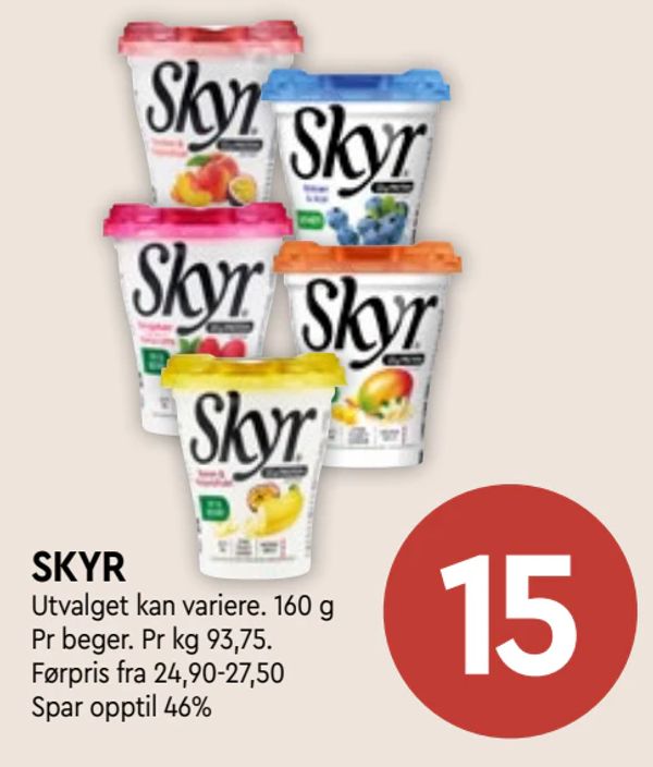 SKYR Utvalget kan variere. 160 g
Pr beger. Pr kg 93,75.
Førpris fra 24,90-27,50
Spar opptil 46%