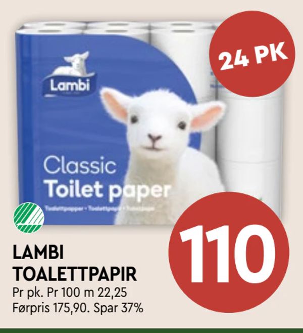 LAMBI TOALETTPAPIR 24 PK
Pr pk. Pr 100 m 22,25
Førpris 175,90. Spar 37%