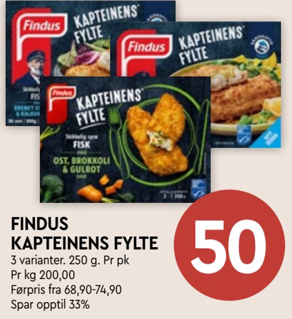 FINDUS KAPTEINENS FYLTE 3 varianter. 250 g. Pr pk
Pr kg 200,00
Førpris fra 68,90-74,90
Spar opptil 33%