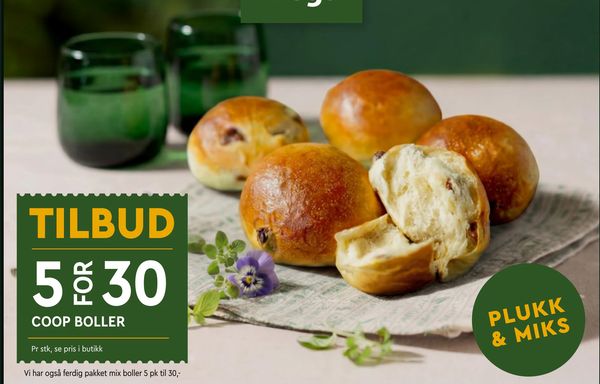 COOP BOLLER TILBUD 5 FOR 30
Pr stk, se pris i butikk
Vi har også ferdig pakket mix boller 5 pk til 30,-
PLUKK & MIKS