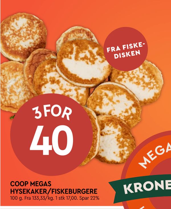 COOP MEGAS HYSEKAKER/FISKEBURGERE FRA FISKEDISKEN
100 g. Fra 133,33/kg. 1 stk 17,00. Spar 22%