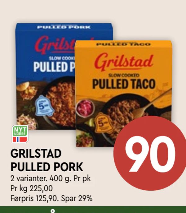 GRILSTAD PULLED PORK 2 varianter. 400 g. Pr pk
Pr kg 225,00
Førpris 125,90. Spar 29%