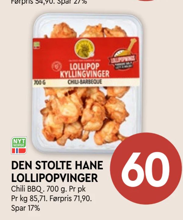 DEN STOLTE HANE LOLLIPOPVINGER Chili BBQ . 700 g. Pr pk
Pr kg 85,71. Førpris 71,90.
Spar 17%