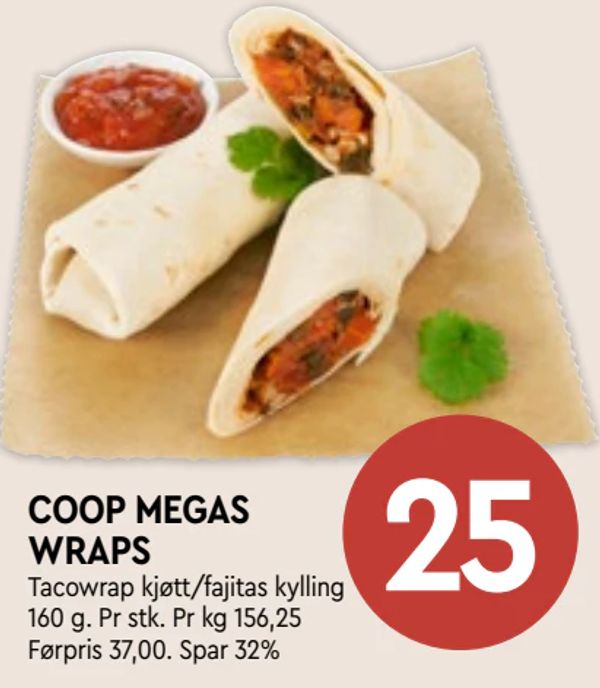 COOP MEGAS WRAPS Tacowrap kjøtt/fajitas kylling 160 g. Pr stk. Pr kg 156,25 Førpris 37,00. Spar 32%